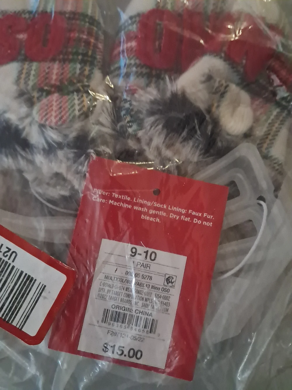 SO Plaid Fur-Trim Indoor Slippers with Red Embroidery
